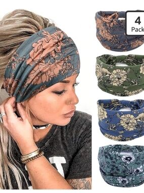 Wide Knotted Boho Headband - Floral Blue/Green 4-Pack